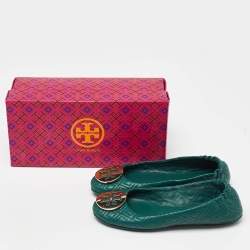 Pre Owned Tory Burch Green Leather Logo Ballet Flats Size 37