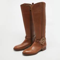 Pre Owned Tory Burch Brown Leather Knee Length Boots Size 36.5