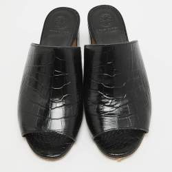 Tory Burch Black Croc Embossed Leather Mules Size 36.5