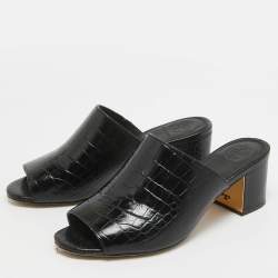 Tory Burch Black Croc Embossed Leather Mules Size 36.5