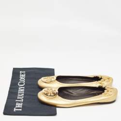 Pre Owned Tory Burch Metallic Gold Leather Claire Ballet Flats Size 37.5