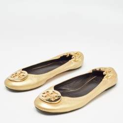 Pre Owned Tory Burch Metallic Gold Leather Claire Ballet Flats Size 37.5