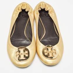 Pre Owned Tory Burch Metallic Gold Leather Claire Ballet Flats Size 37.5
