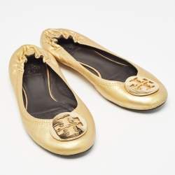 Pre Owned Tory Burch Metallic Gold Leather Claire Ballet Flats Size 37.5