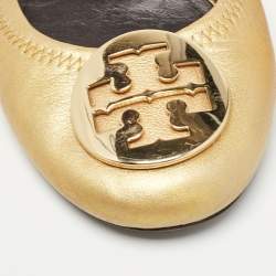 Pre Owned Tory Burch Metallic Gold Leather Claire Ballet Flats Size 37.5