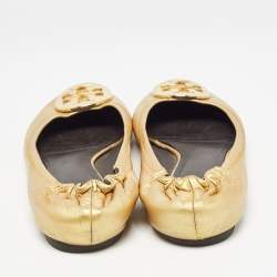 Pre Owned Tory Burch Metallic Gold Leather Claire Ballet Flats Size 37.5