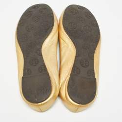 Pre Owned Tory Burch Metallic Gold Leather Claire Ballet Flats Size 37.5