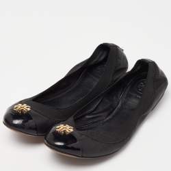 Tory Burch Black Patent and Leather Jolie Scrunch Ballet Flats Size 35.5