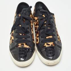 Tory Burch Brown/Black Animal Print Calf Hair and Leather Low Top Sneakers Size 40.5