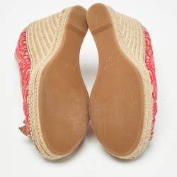 Pre Owned Tory Burch Brown/Pink Leather and Embroidered Fabric Jackie Espadrille Wedge Pumps Size 37.5
