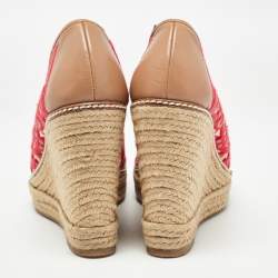 Pre Owned Tory Burch Brown/Pink Leather and Embroidered Fabric Jackie Espadrille Wedge Pumps Size 37.5