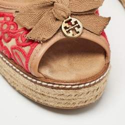 Pre Owned Tory Burch Brown/Pink Leather and Embroidered Fabric Jackie Espadrille Wedge Pumps Size 37.5