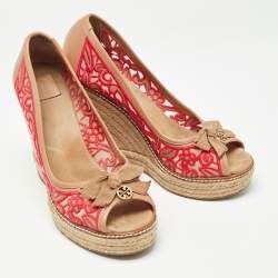 Pre Owned Tory Burch Brown/Pink Leather and Embroidered Fabric Jackie Espadrille Wedge Pumps Size 37.5