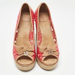 Pre Owned Tory Burch Brown/Pink Leather and Embroidered Fabric Jackie Espadrille Wedge Pumps Size 37.5