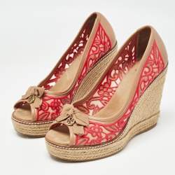 Pre Owned Tory Burch Brown/Pink Leather and Embroidered Fabric Jackie Espadrille Wedge Pumps Size 37.5