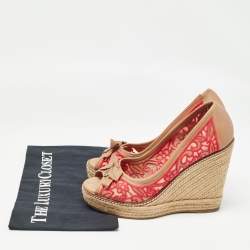 Pre Owned Tory Burch Brown/Pink Leather and Embroidered Fabric Jackie Espadrille Wedge Pumps Size 37.5
