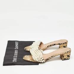 Pre Owned Tory Burch Brown/Black Embroidered Fabric Tatiana Pearl Sandals Size 38.5