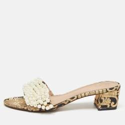 Pre Owned Tory Burch Brown/Black Embroidered Fabric Tatiana Pearl Sandals Size 38.5