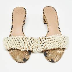 Pre Owned Tory Burch Brown/Black Embroidered Fabric Tatiana Pearl Sandals Size 38.5