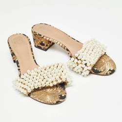 Pre Owned Tory Burch Brown/Black Embroidered Fabric Tatiana Pearl Sandals Size 38.5