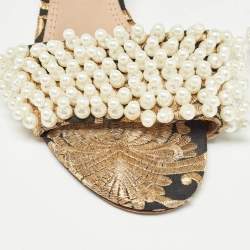 Pre Owned Tory Burch Brown/Black Embroidered Fabric Tatiana Pearl Sandals Size 38.5