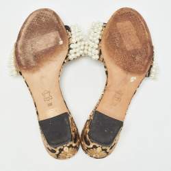 Pre Owned Tory Burch Brown/Black Embroidered Fabric Tatiana Pearl Sandals Size 38.5