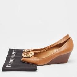 Pre Owned Tory Burch Brown Leather Reva Wedge Peep Toe Pumps Size 38.5