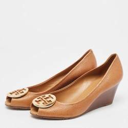 Pre Owned Tory Burch Brown Leather Reva Wedge Peep Toe Pumps Size 38.5