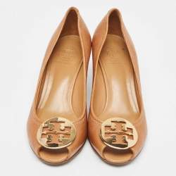Pre Owned Tory Burch Brown Leather Reva Wedge Peep Toe Pumps Size 38.5