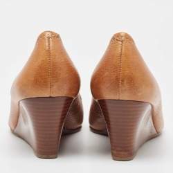 Pre Owned Tory Burch Brown Leather Reva Wedge Peep Toe Pumps Size 38.5