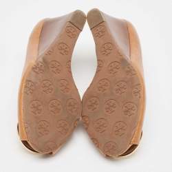 Pre Owned Tory Burch Brown Leather Reva Wedge Peep Toe Pumps Size 38.5