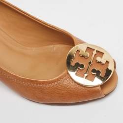 Pre Owned Tory Burch Brown Leather Reva Wedge Peep Toe Pumps Size 38.5