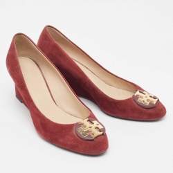 Tory Burch Burgundy Suede Luna Wedge Pumps Size 37