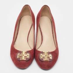 Tory Burch Burgundy Suede Luna Wedge Pumps Size 37