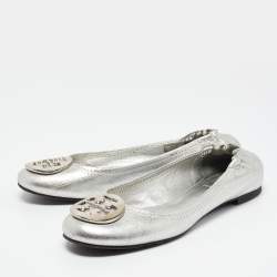 Tory Burch Silver Leather Reva Scrunch Ballet Flats Size 37