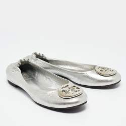 Tory Burch Silver Leather Reva Scrunch Ballet Flats Size 37