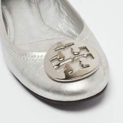 Tory Burch Silver Leather Reva Scrunch Ballet Flats Size 37