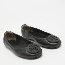 Pre Owned Tory Burch Black Leather Minnie Travel Ballet Flats Size 36