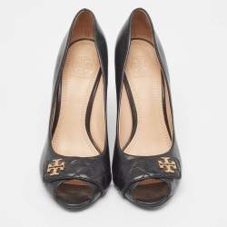 Tory Burch Black Leather Leila Peep Toe Wedge Pumps Size 37.5