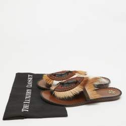 Tory Burch Brown/White Leather and Fur Phoenix Slides Size 39.5