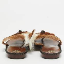 Tory Burch Brown/White Leather and Fur Phoenix Slides Size 39.5