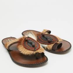Tory Burch Brown/White Leather and Fur Phoenix Slides Size 39.5