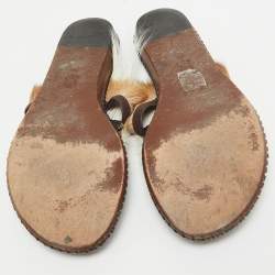 Tory Burch Brown/White Leather and Fur Phoenix Slides Size 39.5