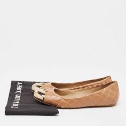 Pre Owned Tory Burch Beige Quilted Leather Metal Cap Toe Ballet Flats Size 37.5