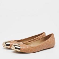 Pre Owned Tory Burch Beige Quilted Leather Metal Cap Toe Ballet Flats Size 37.5