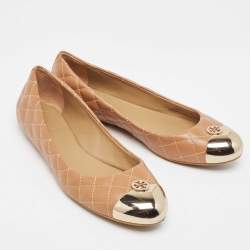 Pre Owned Tory Burch Beige Quilted Leather Metal Cap Toe Ballet Flats Size 37.5