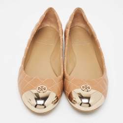 Pre Owned Tory Burch Beige Quilted Leather Metal Cap Toe Ballet Flats Size 37.5