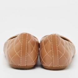 Pre Owned Tory Burch Beige Quilted Leather Metal Cap Toe Ballet Flats Size 37.5