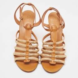 Tory Burch Brown/Gold Leather and Glitter Suede Charlene Sandals Size 41