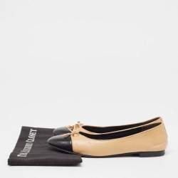 Pre Owned Tory Burch Beige/Black Leather Bow Ballet Flats Size 39